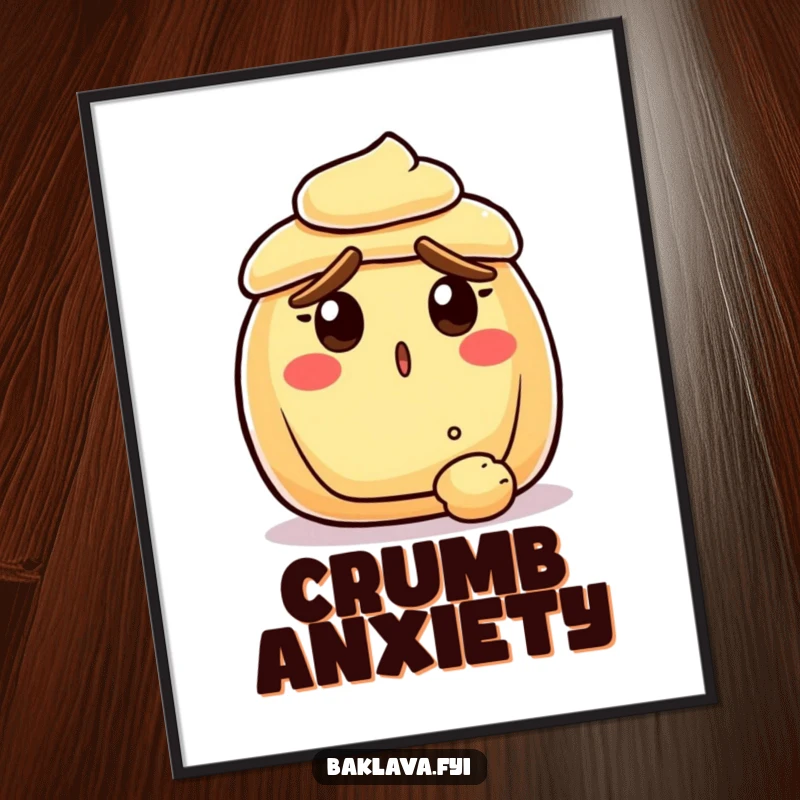 Funny surprised pastry with raised crust eyebrows, reacting to a falling crumb, as wall art, radiating comical baked good surprise.