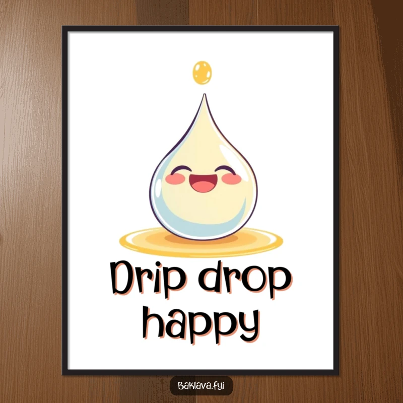 Funny giggling syrup droplet character splashing happily, presented as joyful and humorous wall art.