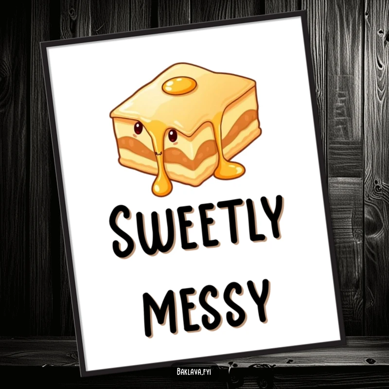 Funny wiggling baklava slice with syrup dripping, a poster print adding saucy, dessert-themed humor and visual appeal.
