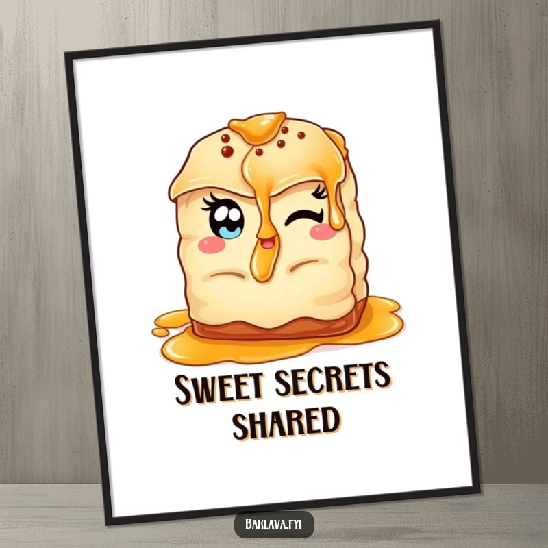 Funny winking baklava poster depicting a baklava with almond eyes, offering syrup, adding a sweet touch to walls.