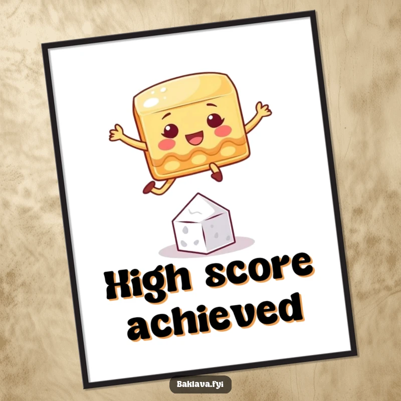 Funny baklava poster of a playful square character jumping over a tiny sugar crystal, depicting sweet, humorous action.