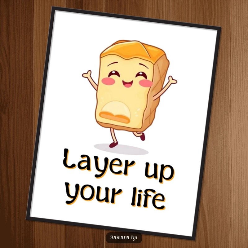 Funny baklava poster displaying a smiling piece of pastry in a joyful little jig, bringing vibrant humor and dessert charm to any room.