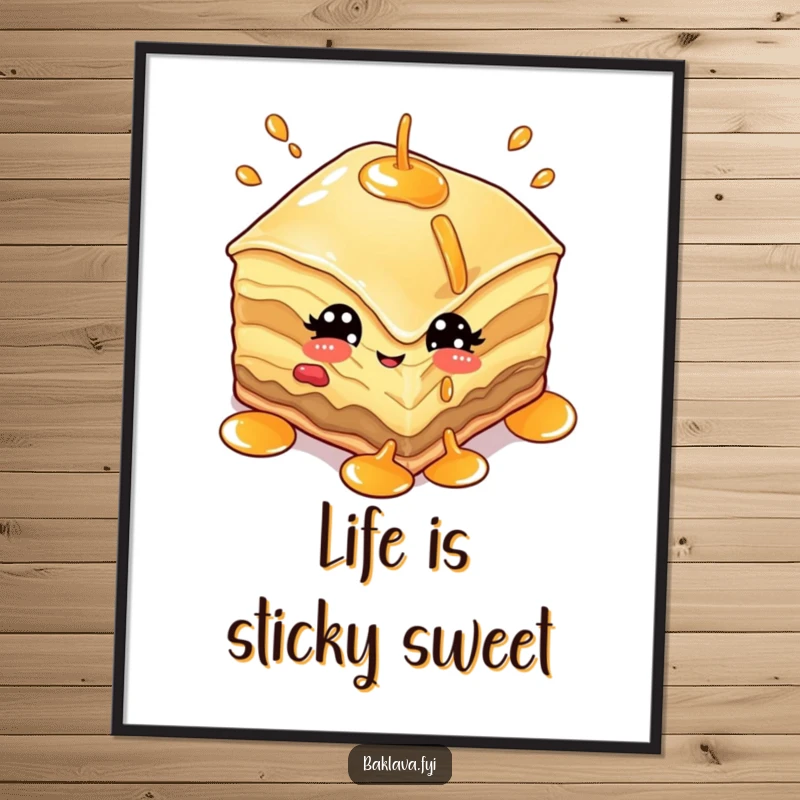 Funny poster print of a baklava character winking playfully while juggling syrup, celebrating sweet indulgence.