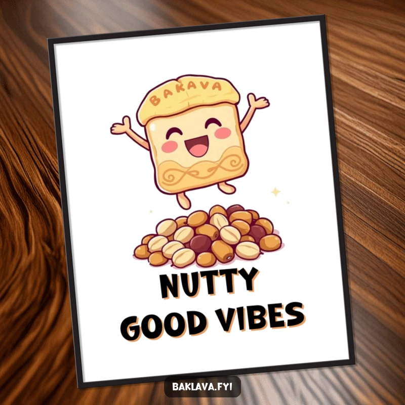 Funny baklava poster depicting a cheerful baklava character in mid-air, joyfully leaping over a small pile of nuts, adding humor to any wall.