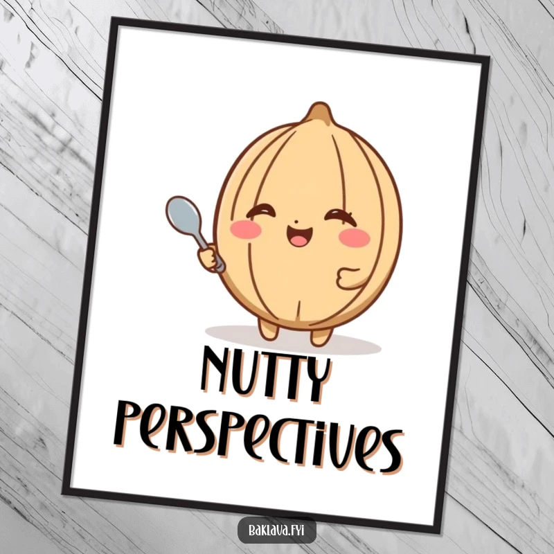 Funny walnut poster displaying a happy walnut winking and holding a tiny spoon, bringing vibrant humor and snacktime charm to any room.