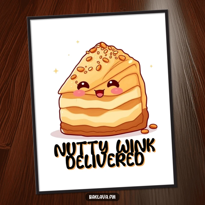 Funny baklava slice character winking with a dusting of nuts, vibrant and sweet funny poster.