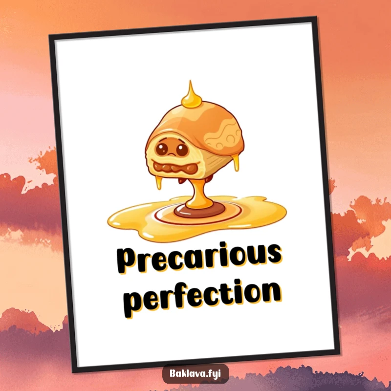 Funny wobbly baklava poster, wall art of baklava balancing on honey drizzle, conveying humorous determination.