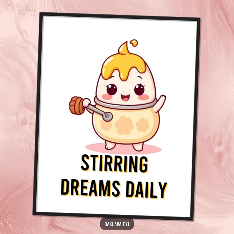 Funny Kawaii honey pot character with a tiny ladle, stirring enthusiastically, displayed as vibrant wall art on a poster, adding humor to decor.