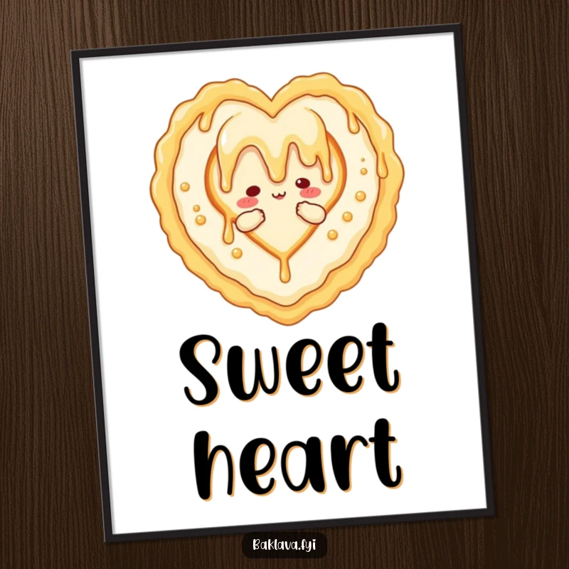 Funny poster of a honey drizzle character forming a heart around baklava, bringing sweet, humorous love art to any room.