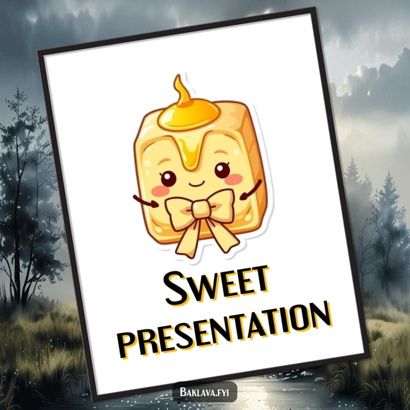 Funny Baklava Poster showcasing a charming slice with golden syrup, presenting a bow, adding elegant humor to decor.
