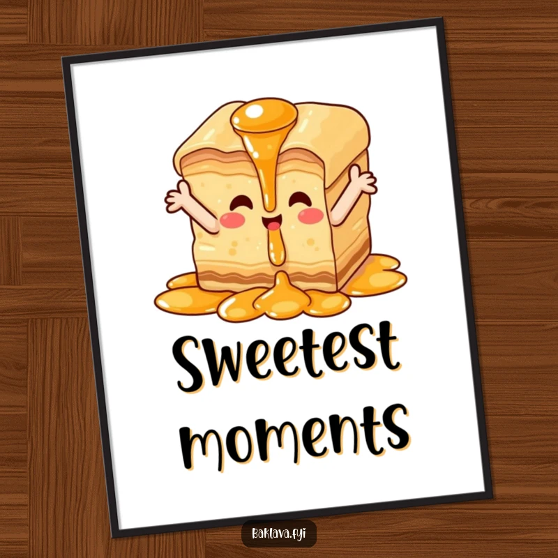 Funny happy baklava poster, wall art of baklava piece enjoying syrup cascade, conveying sweet joy and delight.