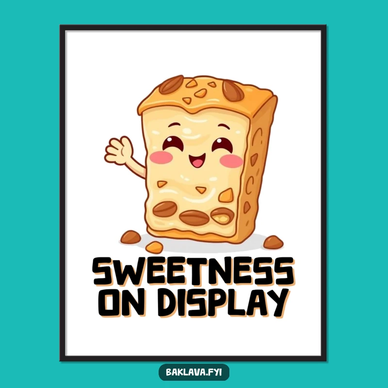 Funny Baklava Poster: Cheerful Nutty Slice Waving Hello, Sweet Wall Art Gift