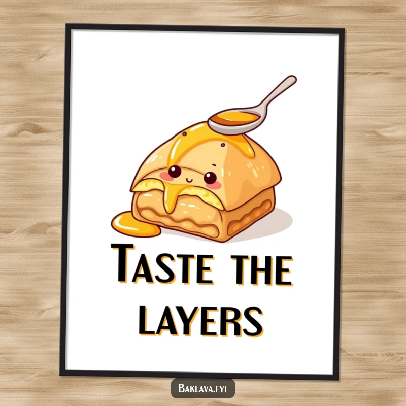 Funny poster of a curious baklava character tasting honey with a spoon. Adds sweet charm to any wall.