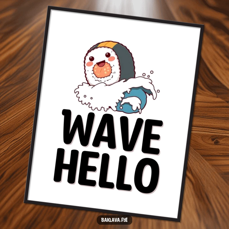 A funny sushi roll character riding a tiny wave, presented as a vibrant and funny poster for wall decor.