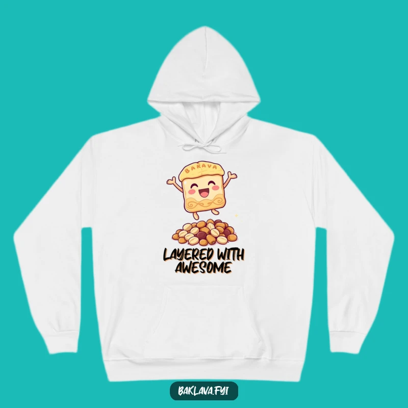 Cozy Funny Baklava Hoodie: Joyful Pastry Character Leaping Over Nuts