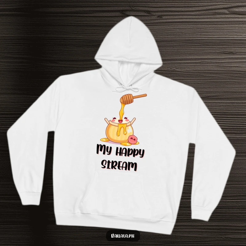Funny honey pot hoodie depicting a joyful character pouring sweet syrup, ideal for cozy and cheerful wear.