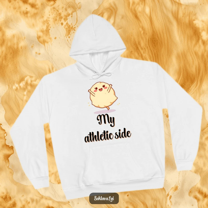 Funny phyllo dough sheet hoodie depicting a cartwheeling dessert layer, perfect for cozy and humorous wear.
