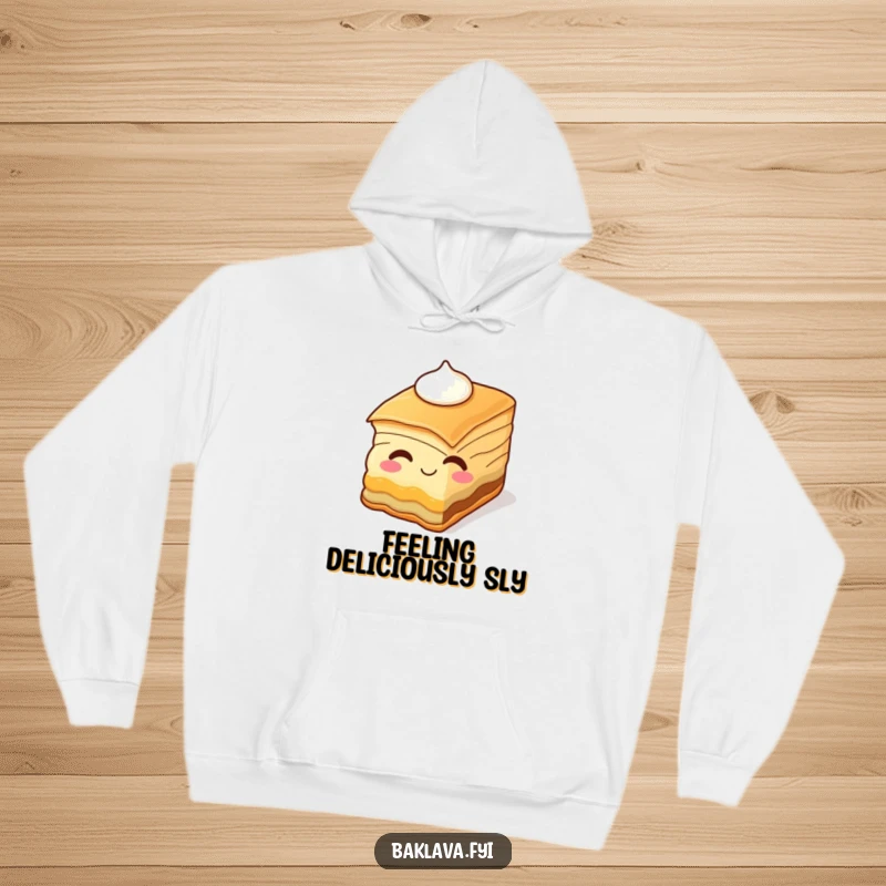 Funny baklava slice winking with cream, featured on a warm hoodie. Humorous and cozy apparel for dessert lovers.