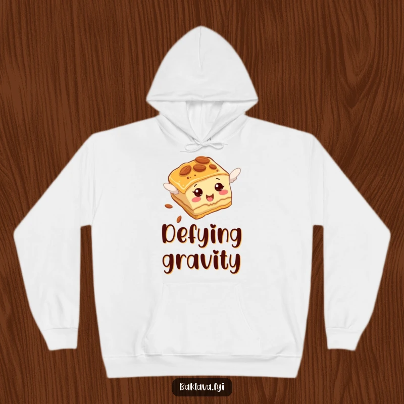 Funny Baklava Hoodie with a cozy, almond-studded slice comically attempting to fly, perfect for sweet comfort.