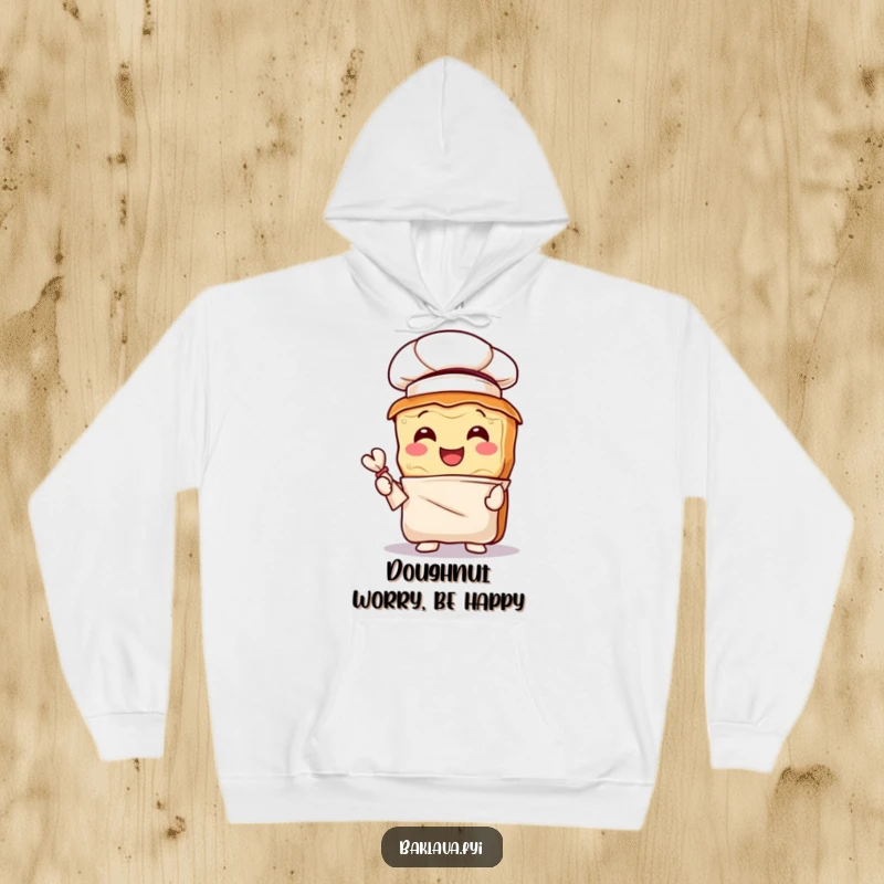 Funny baklava chef hoodie showing a happy pastry with a chef hat and pastry bag, embodying baking joy and warmth.