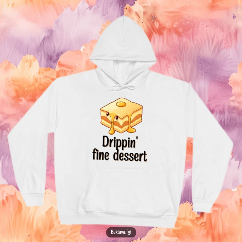 Funny wiggling baklava slice with syrup dripping on a cozy hoodie, blending warmth with deliciously messy humor.