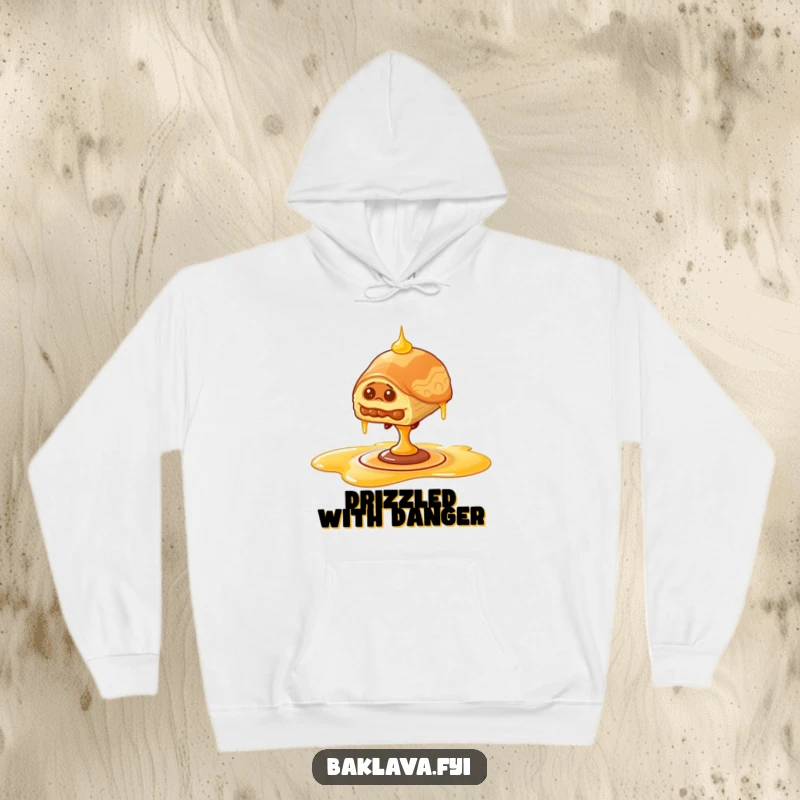 Funny wobbly baklava hoodie, warm apparel with baklava balancing on honey drizzle, conveying cozy humor.