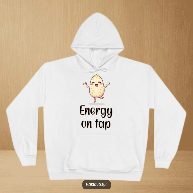 Funny hoodie featuring a brightly animated sesame seed performing an energetic hop, symbolizing boundless enthusiasm and mirth. Comfortable and humorous apparel.