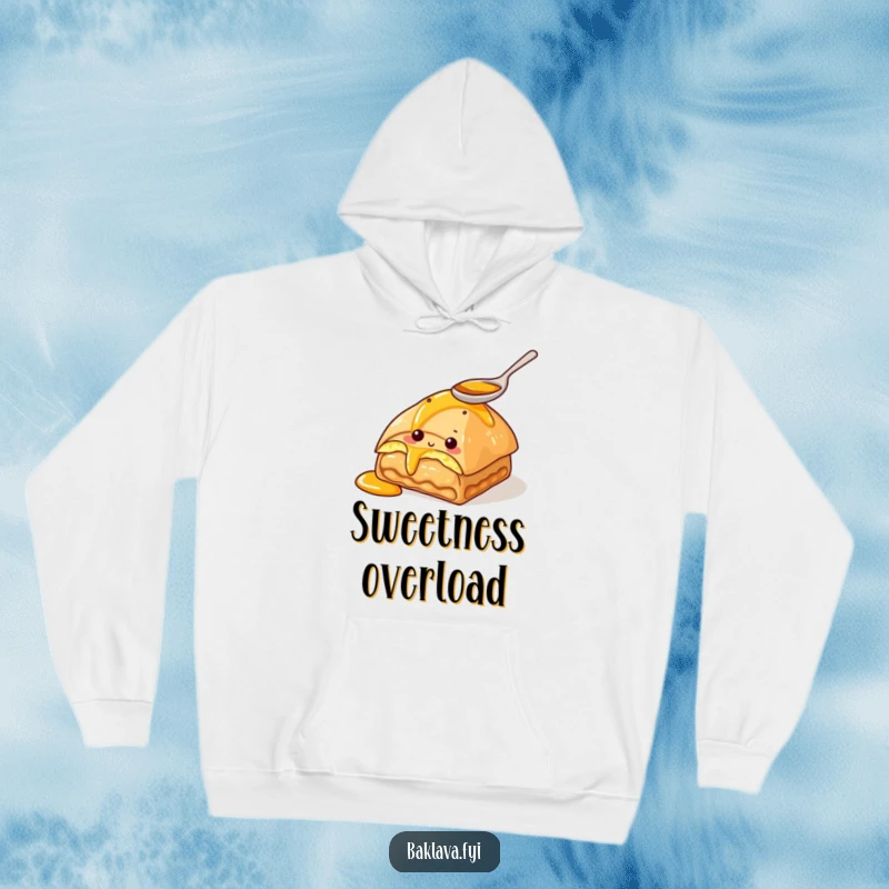Funny hoodie featuring a curious baklava character tasting honey with a small spoon. Cozy and sweet apparel.