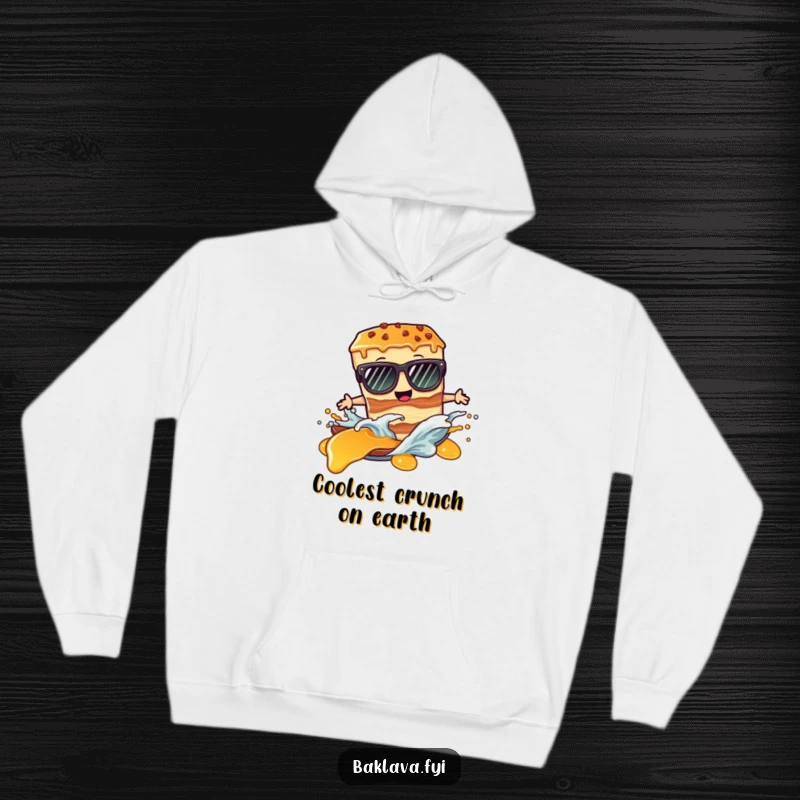 Funny hoodie: a baklava slice with sunglasses surfs a wave of delicious syrup.
