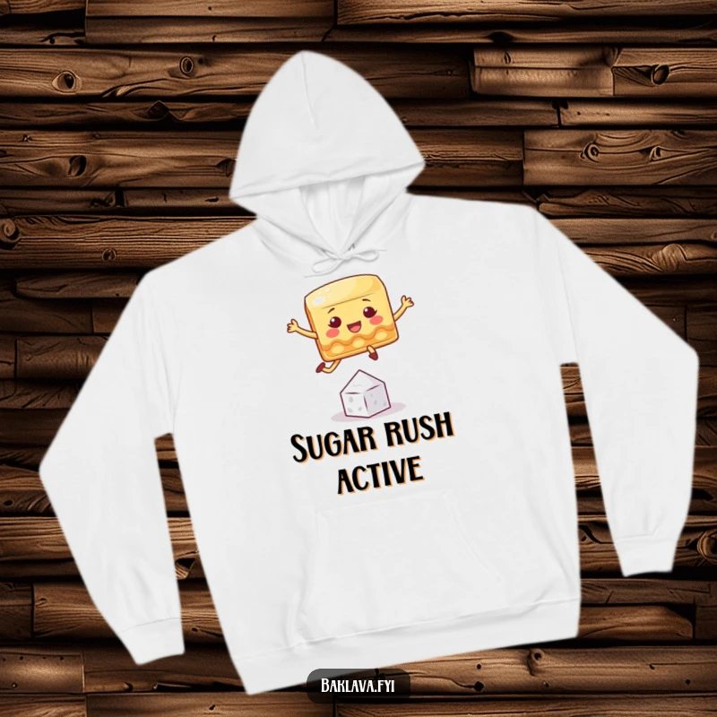 Funny baklava hoodie featuring a playful square character jumping over a tiny sugar crystal, perfect for cozy, humorous moments.
