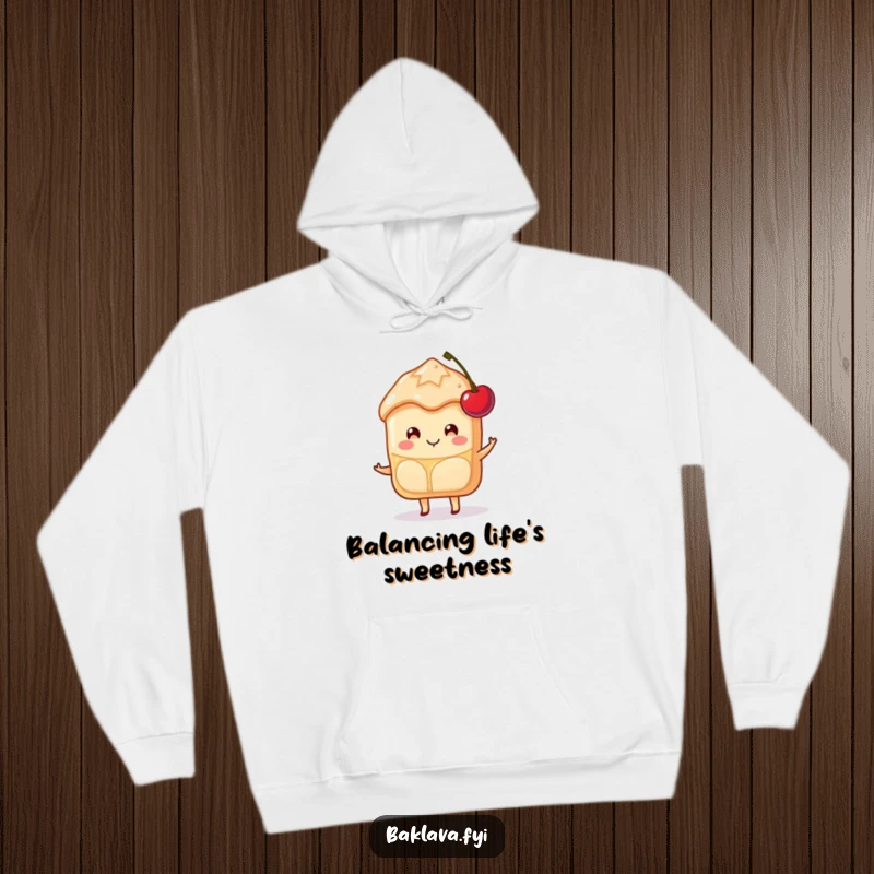 Funny Baklava Hoodie with a cozy, happy slice character smiling while balancing a cherry, perfect for sweet comfort.