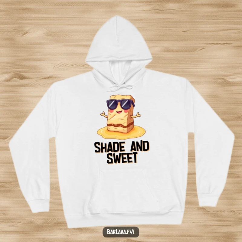 Funny Hoodie: A baklava slice in sunglasses poses on a syrup puddle, a funny symbol of cool.