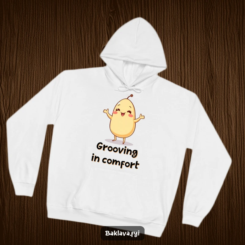 Funny jolly sesame seed doing a tiny jig, printed on a soft hoodie for warm, humorous comfort.