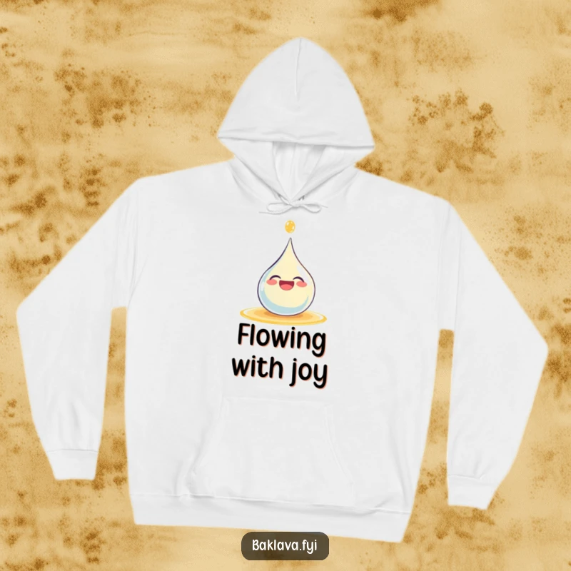 Funny giggling syrup droplet splashing happily, printed on a soft hoodie for cozy, humorous comfort.