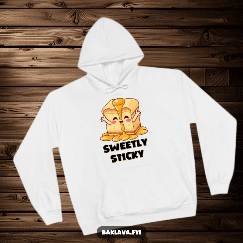 Funny happy baklava hoodie, warm apparel with baklava piece enjoying a syrup waterfall, conveying cozy delight.