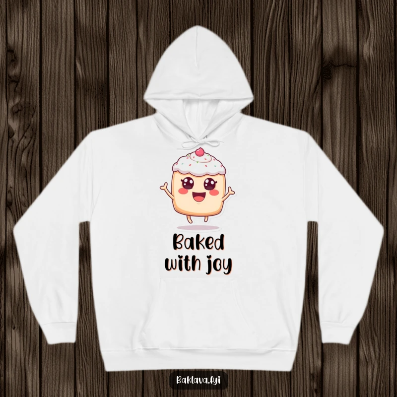 Funny, cheerful anthropomorphic pastry with frosting eyes leaping joyfully, on a cozy hoodie, delivering warm and humorous baked good vibes.