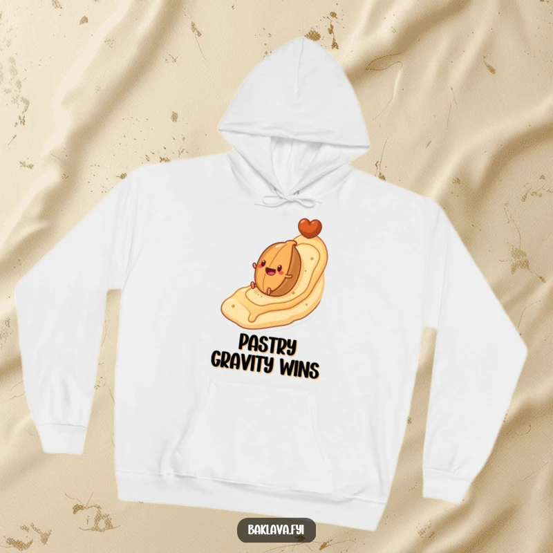 Funny hoodie featuring a nut character excitedly rolling down a flaky pastry-shaped hill, providing warmth and delicious, humorous design.