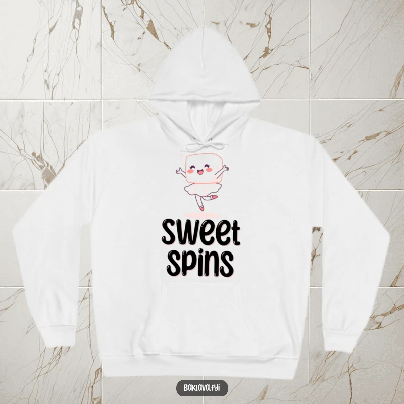 Funny sugar cube hoodie with a delighted cube performing a ballet pirouette, offering warmth and humor for lovers of sweetness.