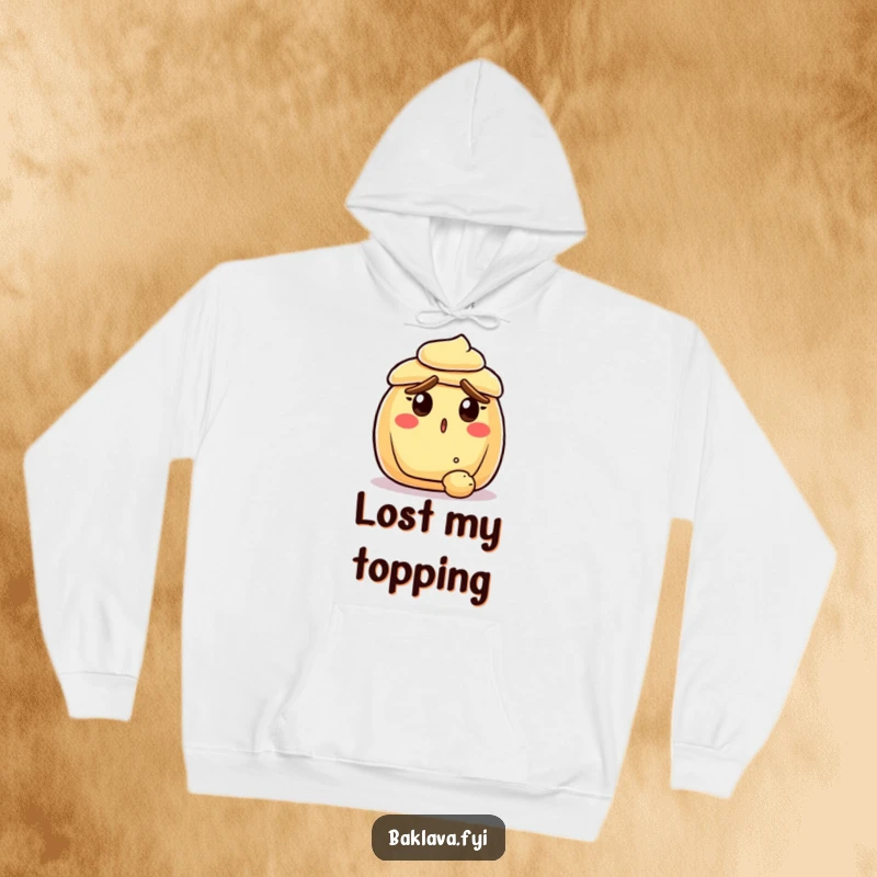 Funny surprised pastry with raised crust eyebrows, reacting to a falling crumb, on a cozy hoodie, delivering warm and humorous baked good shock.