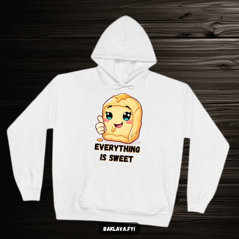 Funny cheerful baklava hoodie giving a thumbs up with a syrupy smile, perfect for cozy, positive moments.