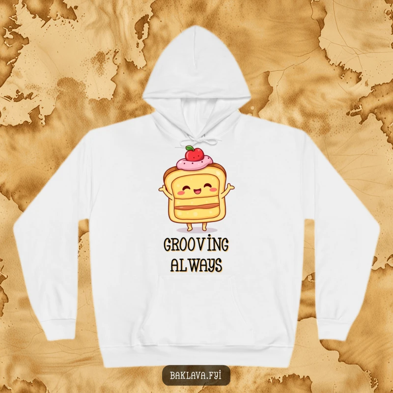 Funny happy, layered pastry doing a little shimmy, on a cozy hoodie, delivering warm and joyful baked good humor.