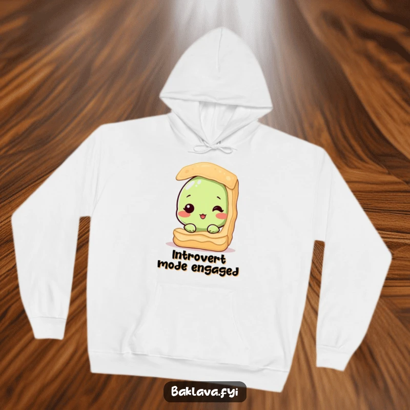 Funny hoodie with a shy pistachio nut peeking out from behind a baklava layer, offering comfort and delightful, whimsical humor. Warm and amusing wear.