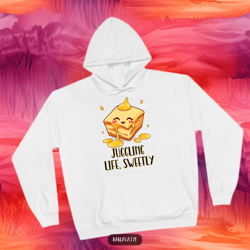 Funny baklava slice hoodie showing a cheerful dessert juggling honey drips, perfect for staying warm and entertained.