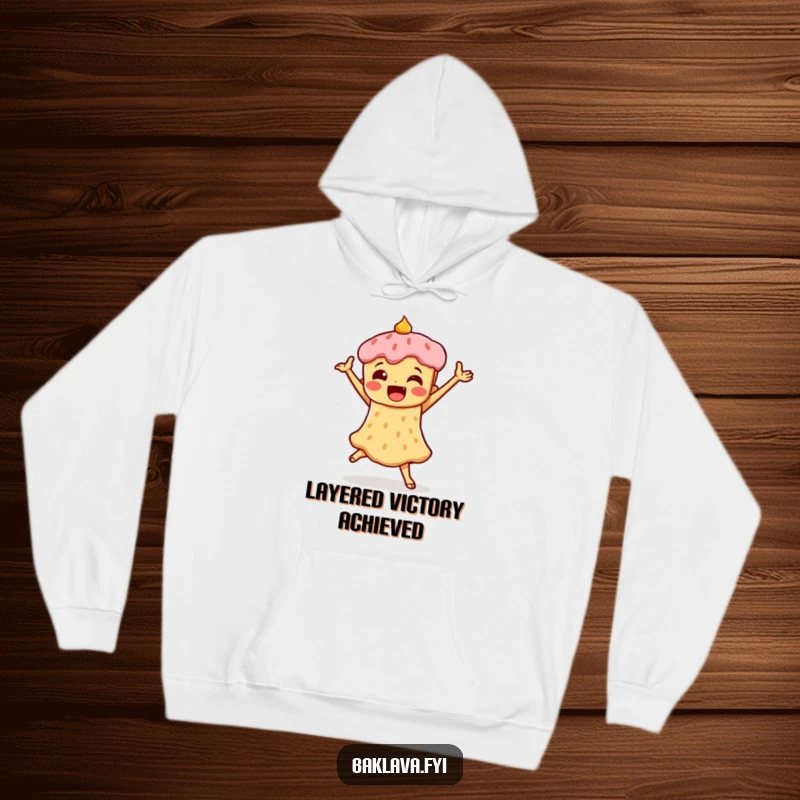 Funny hoodie featuring a piece of baklava in a triumphant dance pose, offering warmth and a sweet, celebratory humorous design.