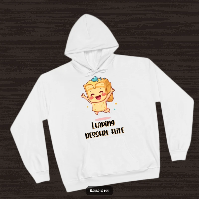 Funny baklava piece leaping with joy on a cozy hoodie, blending warmth with ecstatic dessert-themed humor.