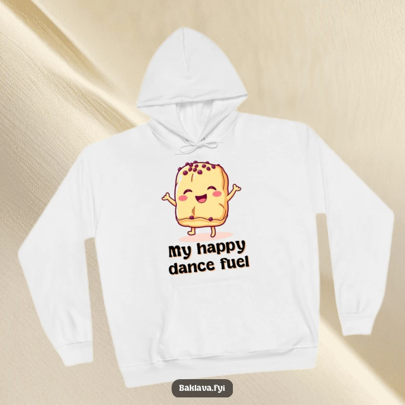 Funny baklava pastry hoodie with a happy dancing dessert, offering warmth and humor for a delightful winter wear.