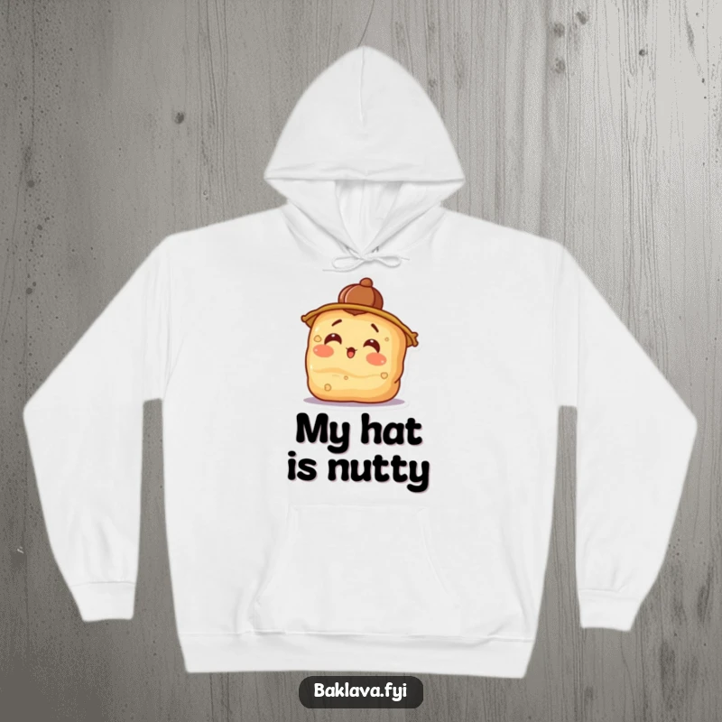 Funny surprised baklava wearing a walnut hat, tilting its head in a cozy hoodie, bringing warm laughs.