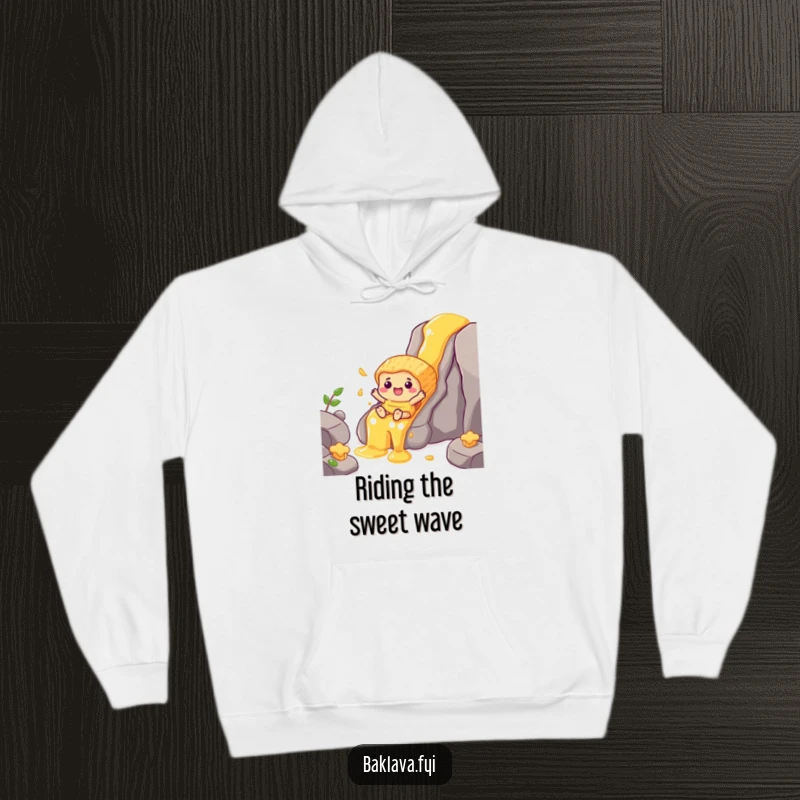 Funny baklava character sliding down a honey waterfall, a cozy and humorous hoodie.
