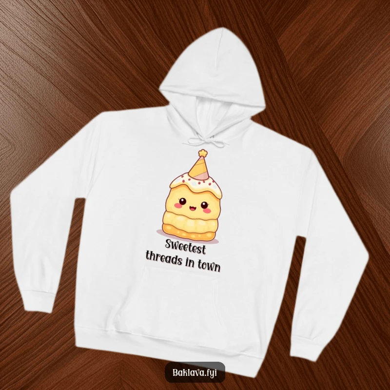 Funny baklava hoodie featuring a festive character with a party hat, radiating warmth and celebratory vibes, an ideal cozy and humorous wear.