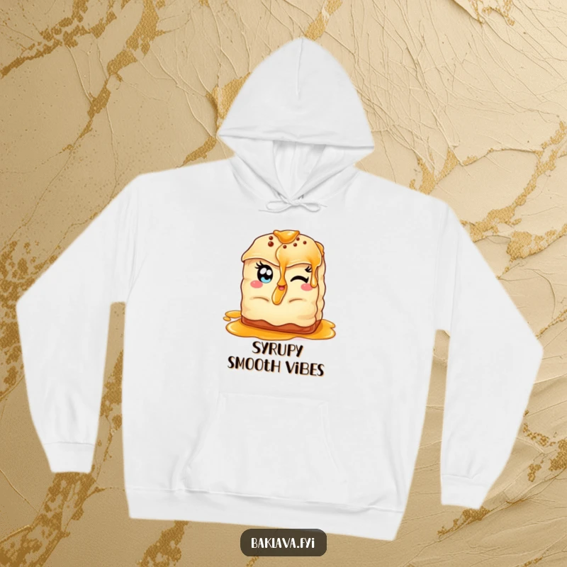Funny winking baklava hoodie showing a baklava with almond eyes, offering syrup, perfect for cozy, sweet moments.